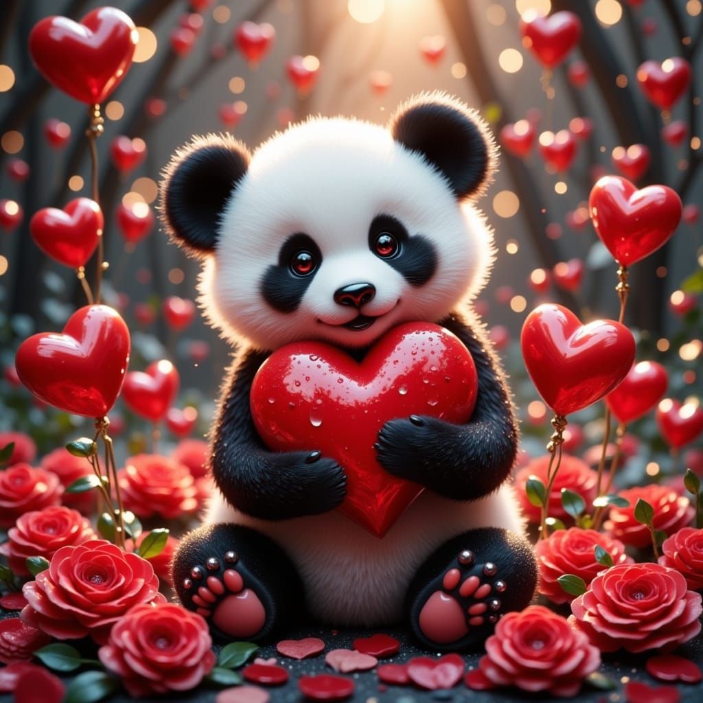Cute Baby Panda with Red Heart, Valentine's Day Digital Art
