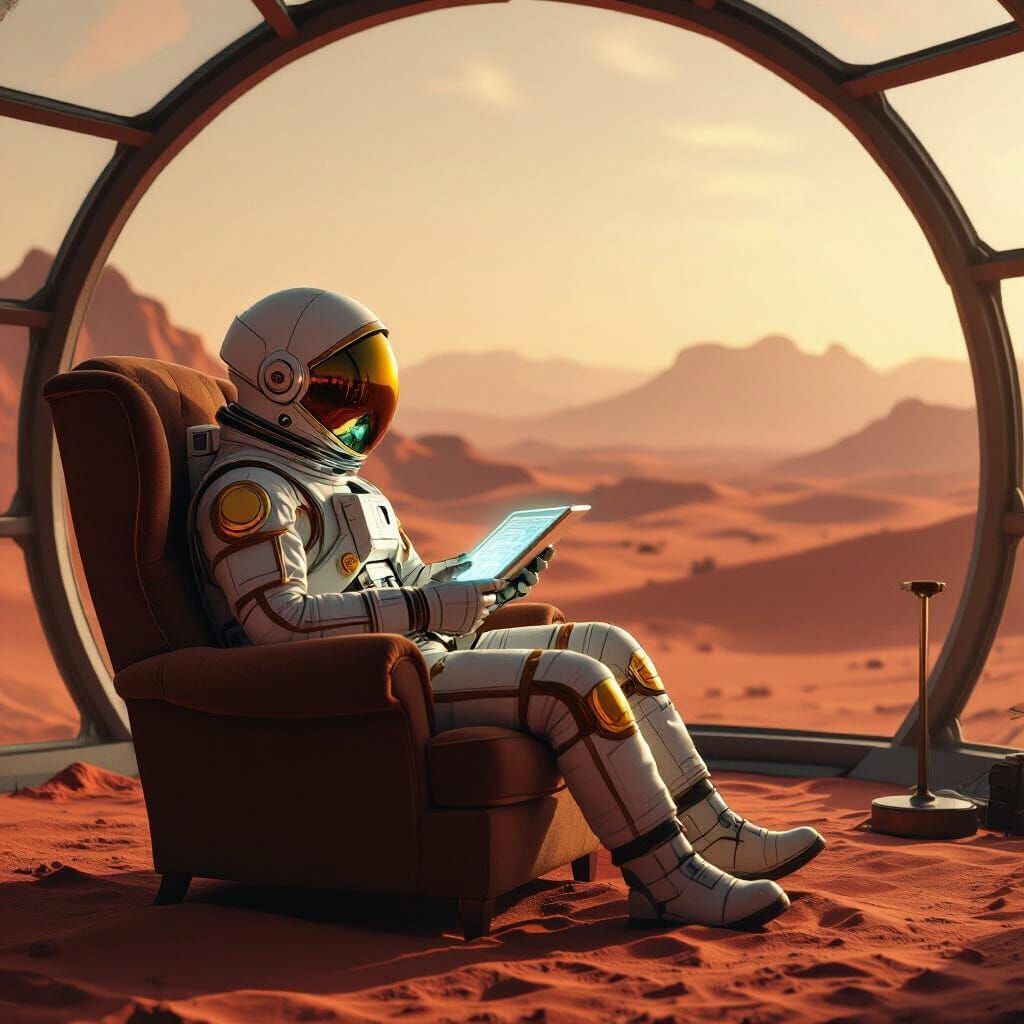 Astronaut Reads on Mars in Biodome