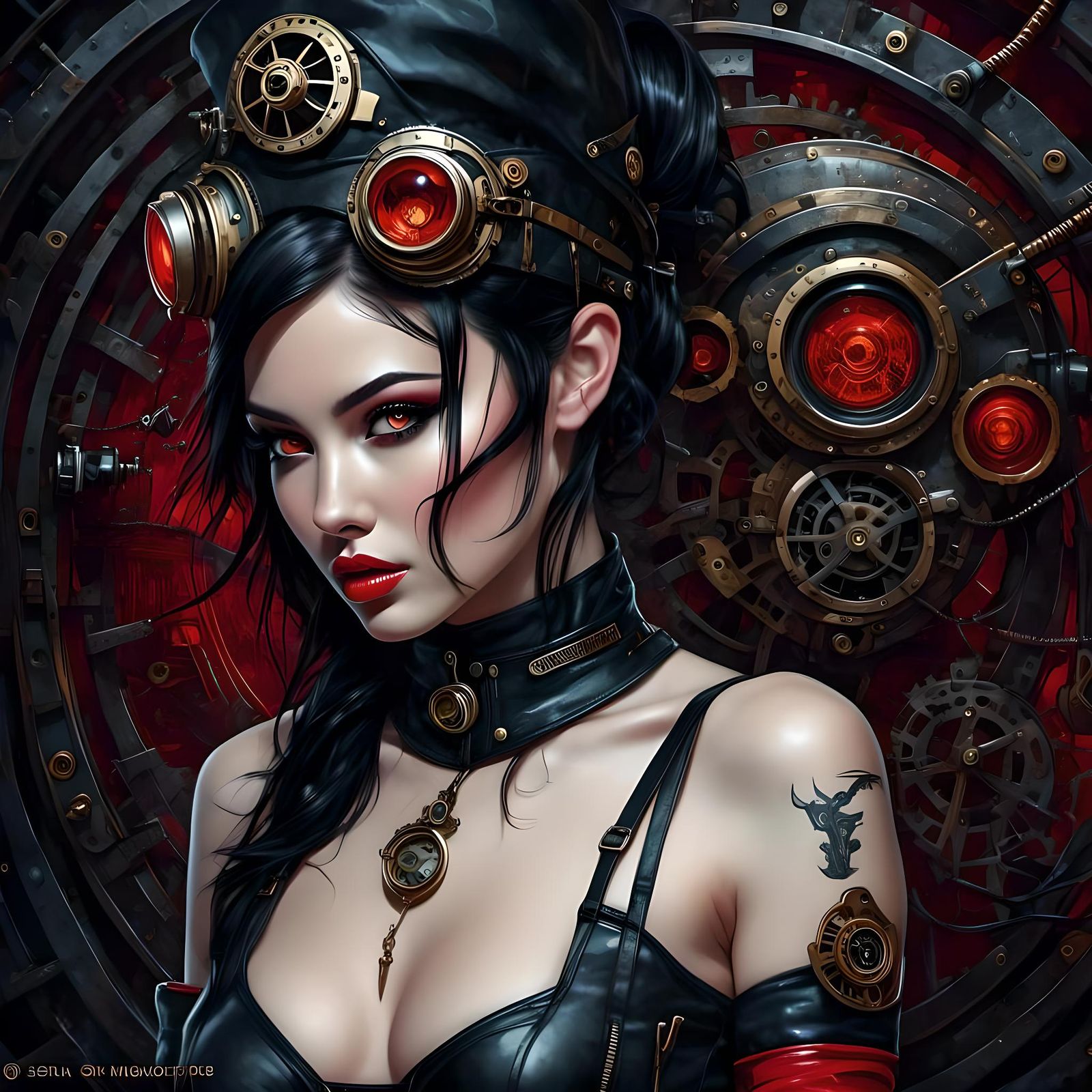 <lora:DaDaSteamPunk:1.0> closeup science fiction novella - short black hair - (glowing red eyes)  - space station <lora:...