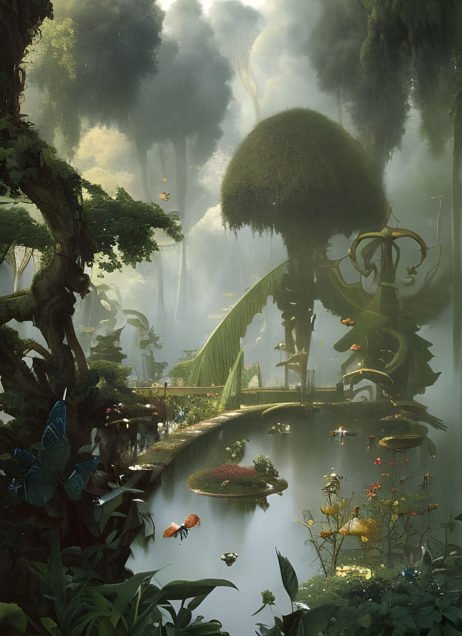 Lush Garden Scene with Surreal Elements