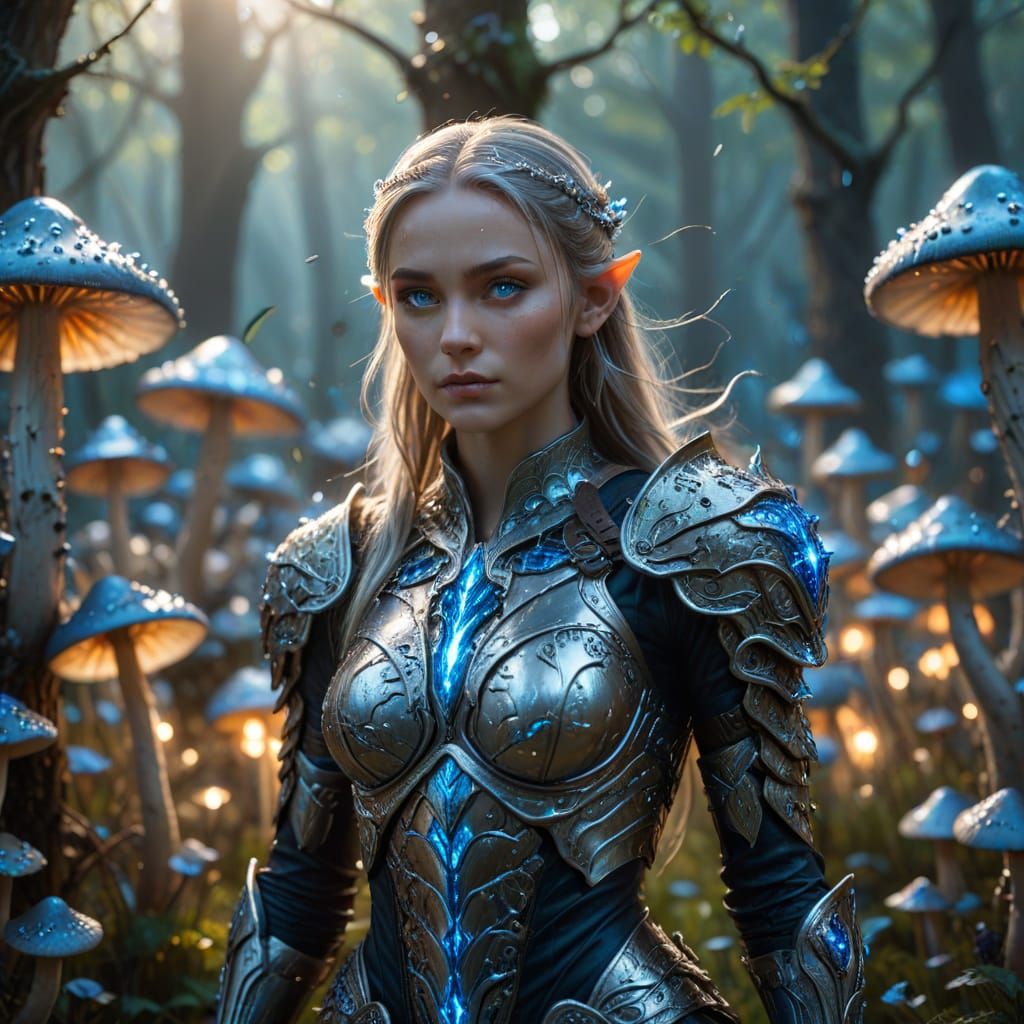 Elven Warrior in Bioluminescent Field: Fantasy Art
