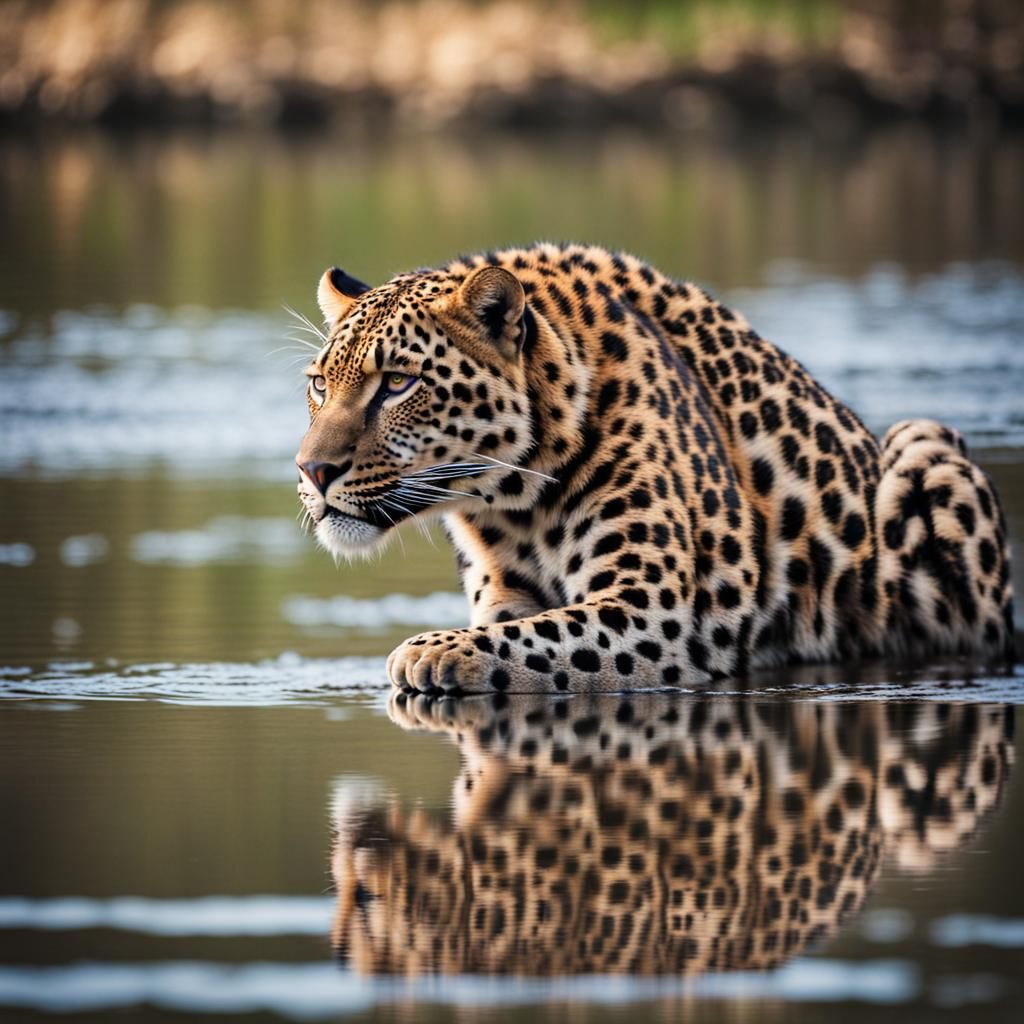 Black Leopard Leaping Into a Lake: Photography