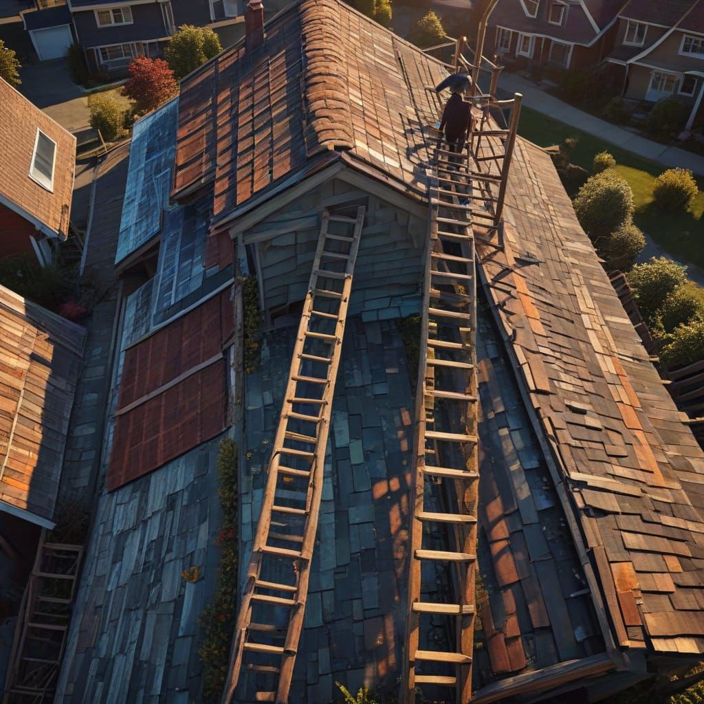 Vibrant Ladder Spanning Suburban Homes in Digital Art