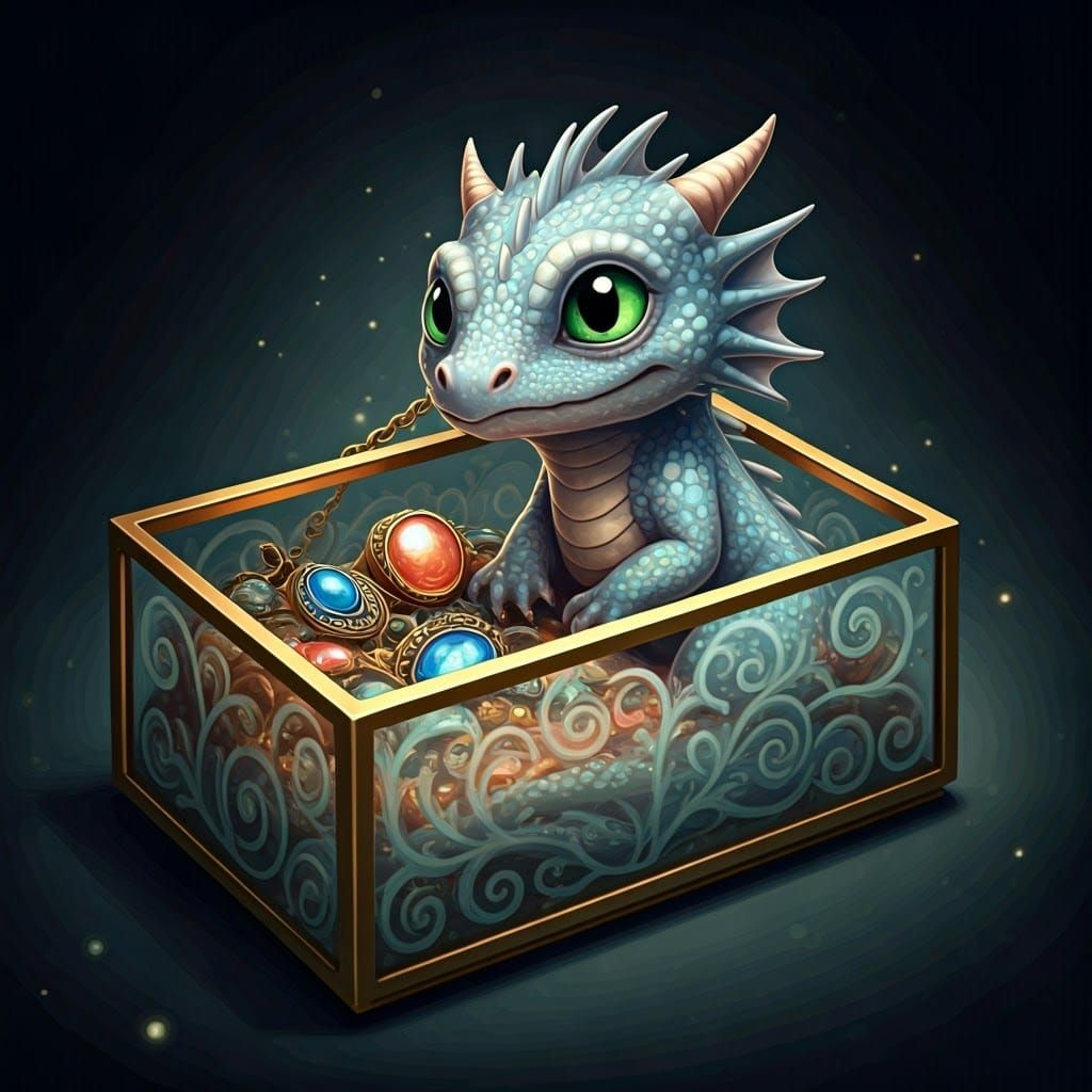 Dreamlike Baby Dragon in Glass Jewel Box, Shimmering in Emer...