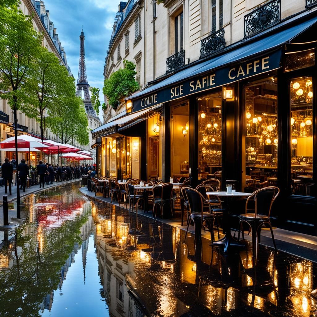 Paris Cafe After Rain: Glistening Reflections