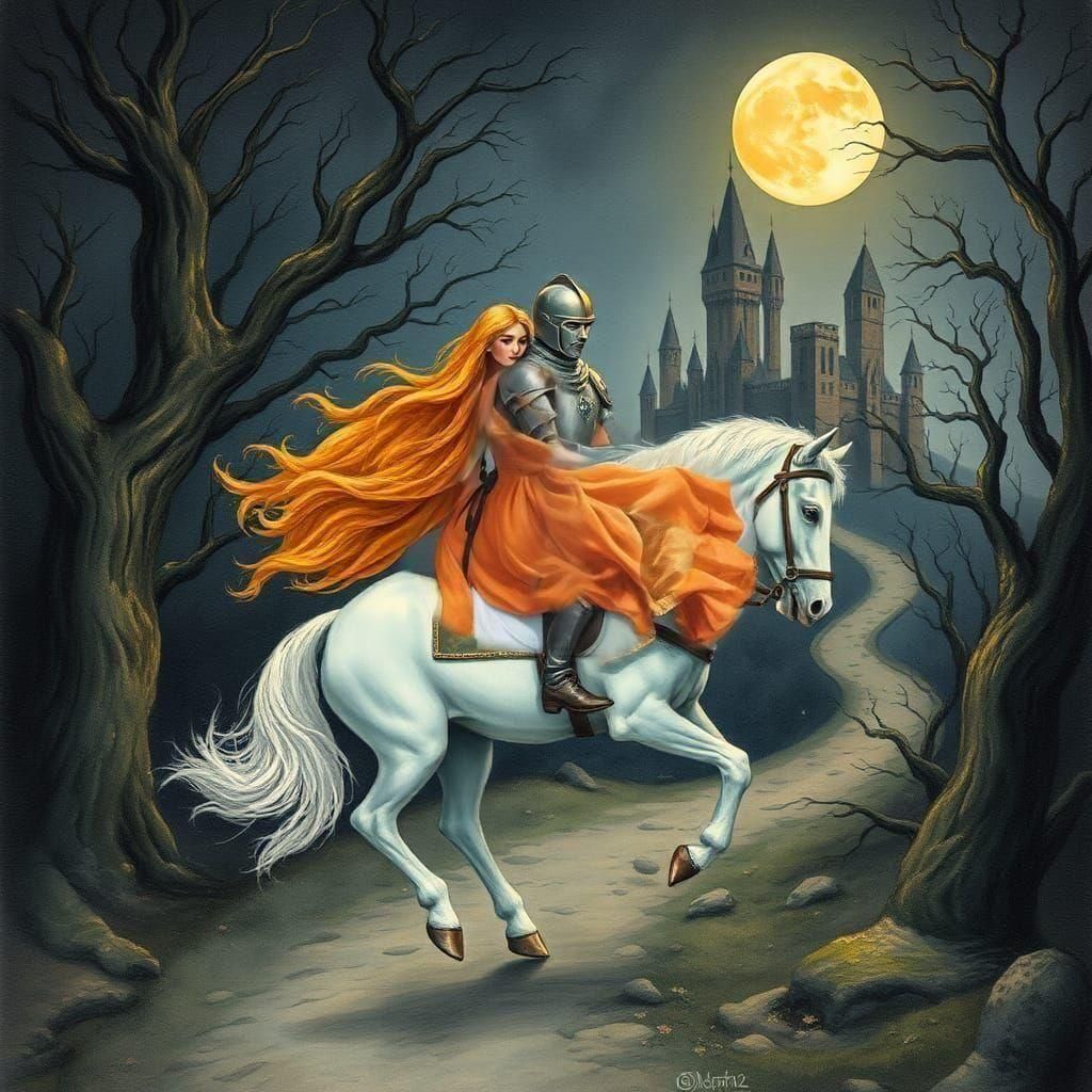 Fairytale illustration, Knight and princess riding horse