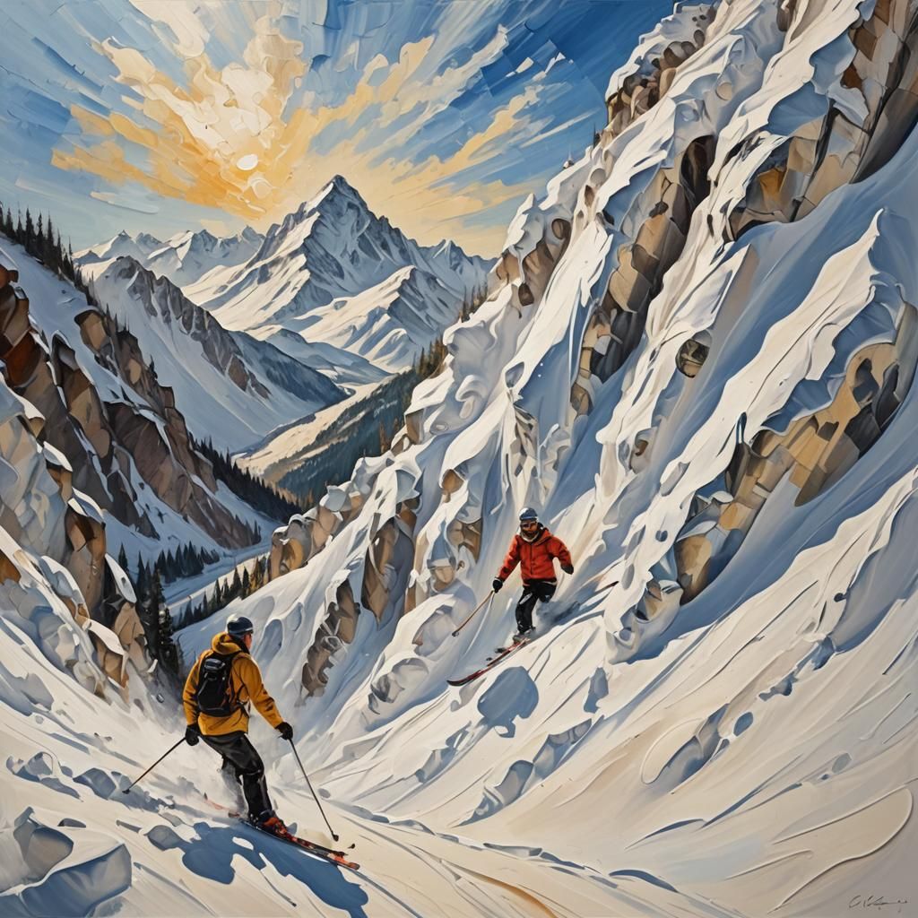 Avalanche on Snow Mountain in Impasto Style