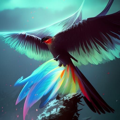 Rainbow Feathered Bird in Dark Fantasy Style