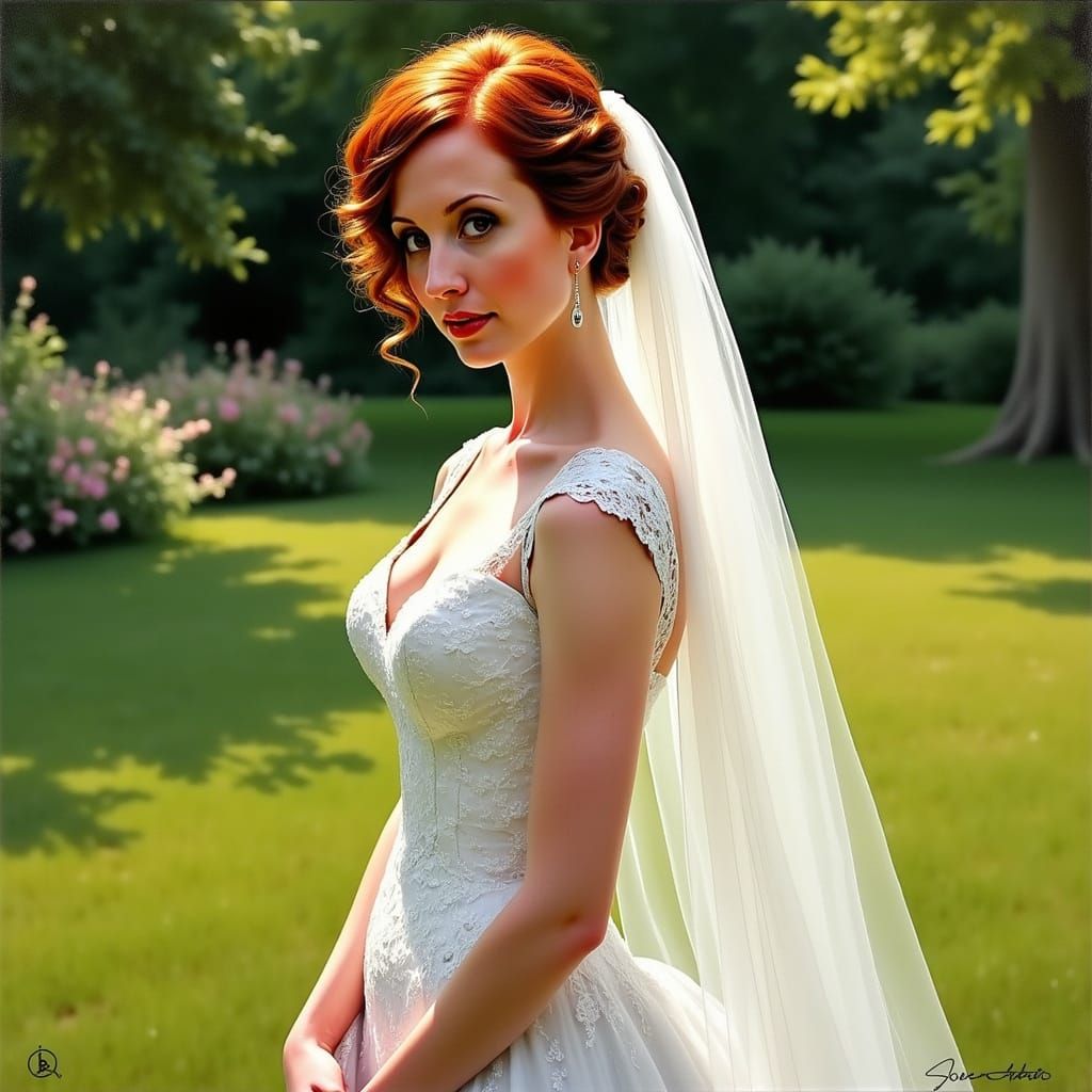 Beautiful Bride with Auburn Hair in Lush Garden