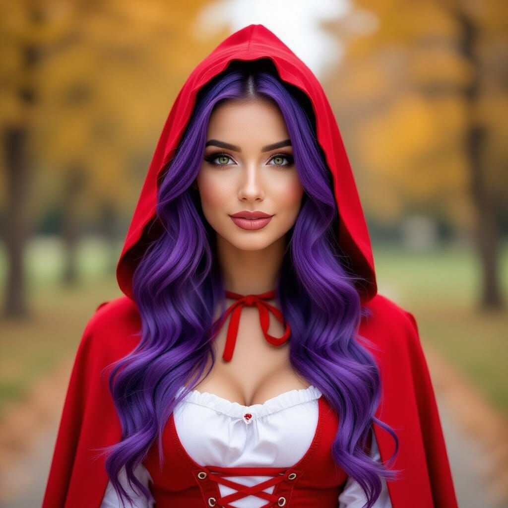Purple Haired Woman in Red Riding Hood Halloween Costume