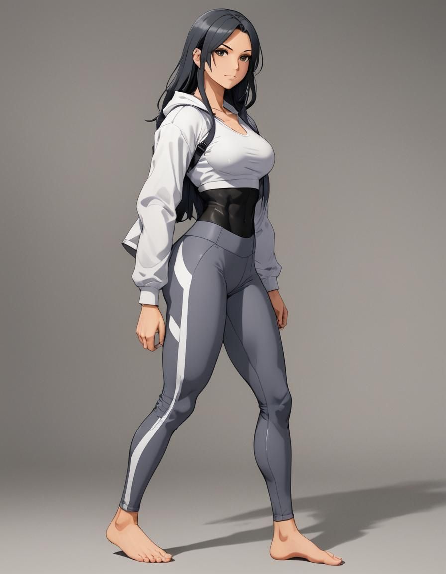Muscular Anime Woman in Leggings Feet Pose