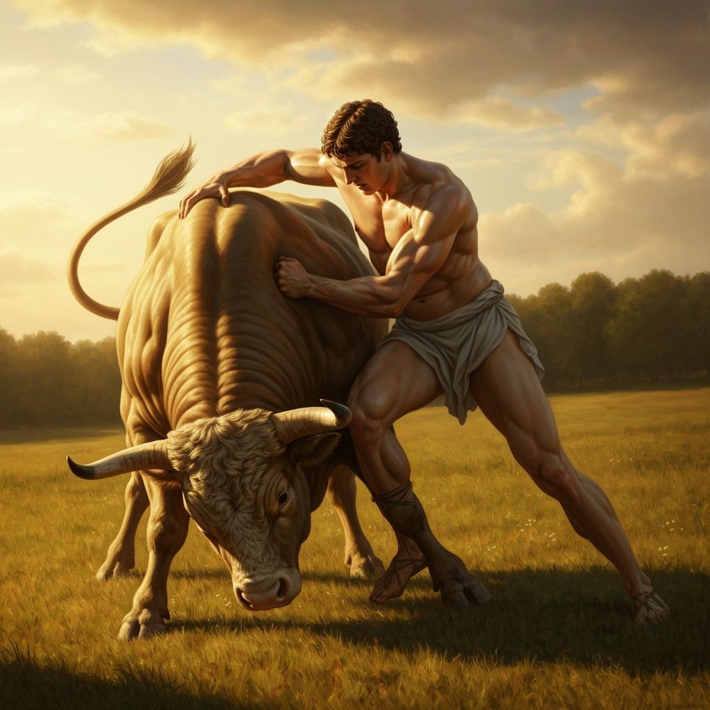 Theseus Wrestles Marathonian Bull in Heroic Realism Style