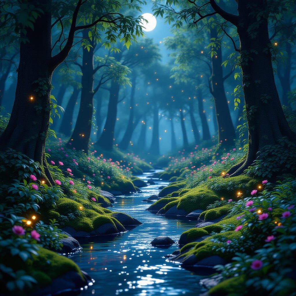 Moonlit Forest with Fireflies in 3D Render