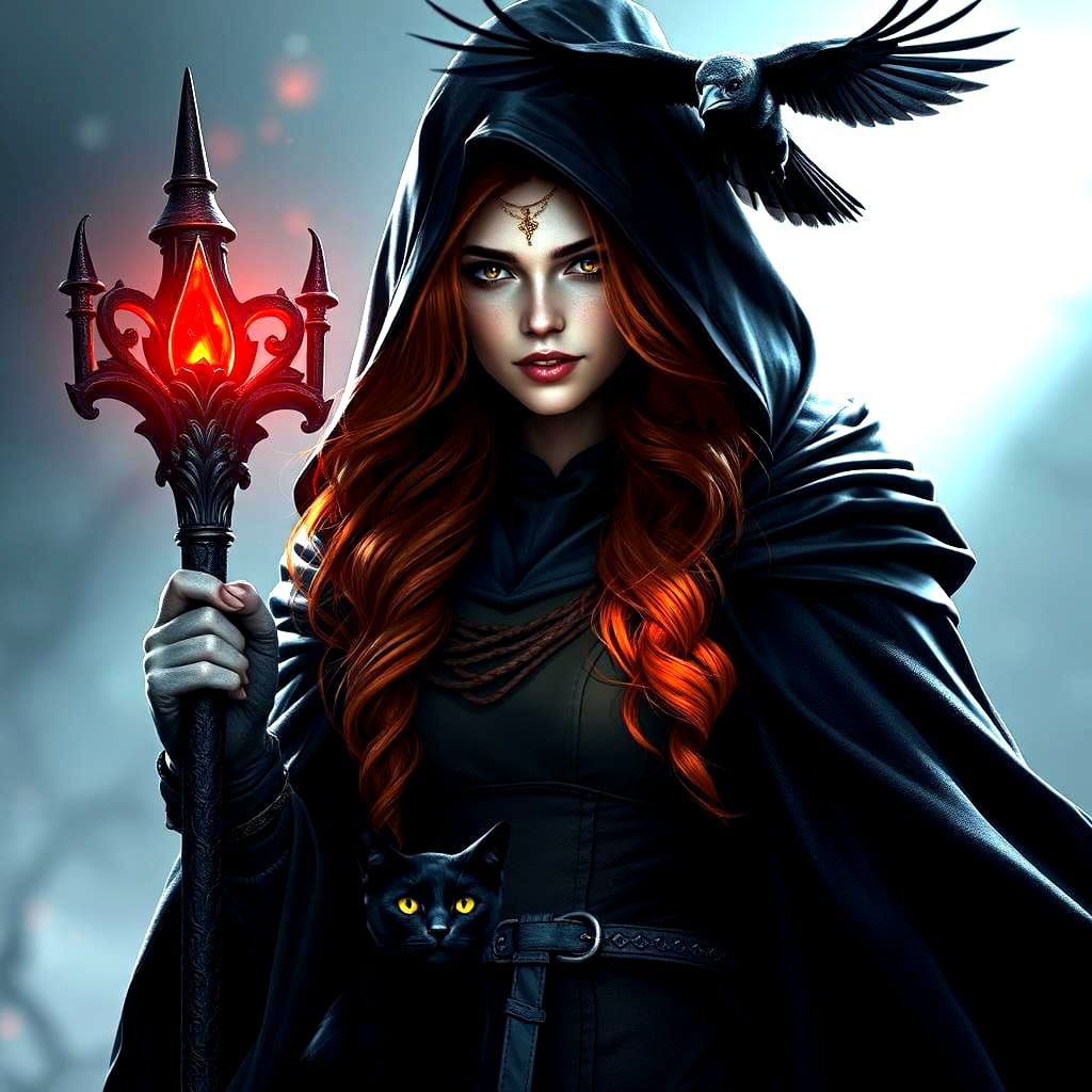 Auburn-Haired Witch with Black Cat in Spotlight