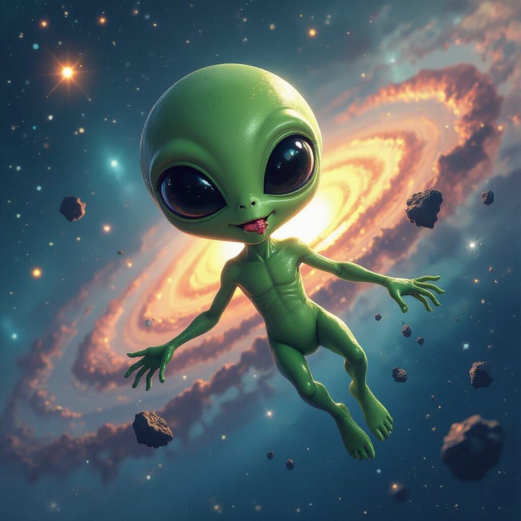 Green Alien Eats Cosmic Debris in Starry Galaxy
