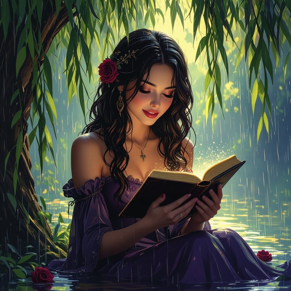 Girl Under Willow Tree in Dark Fantasy Style
