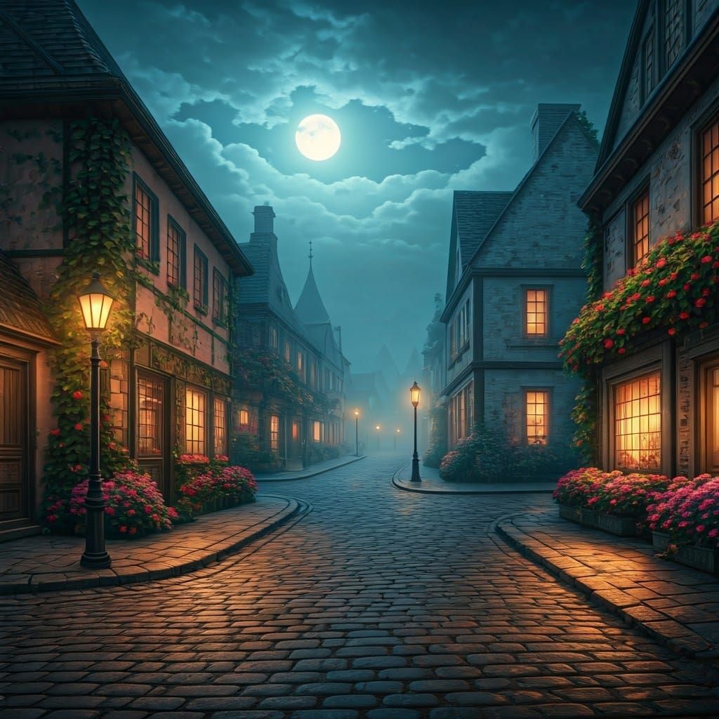 Nostalgic Village Scene in Classic Painting Style