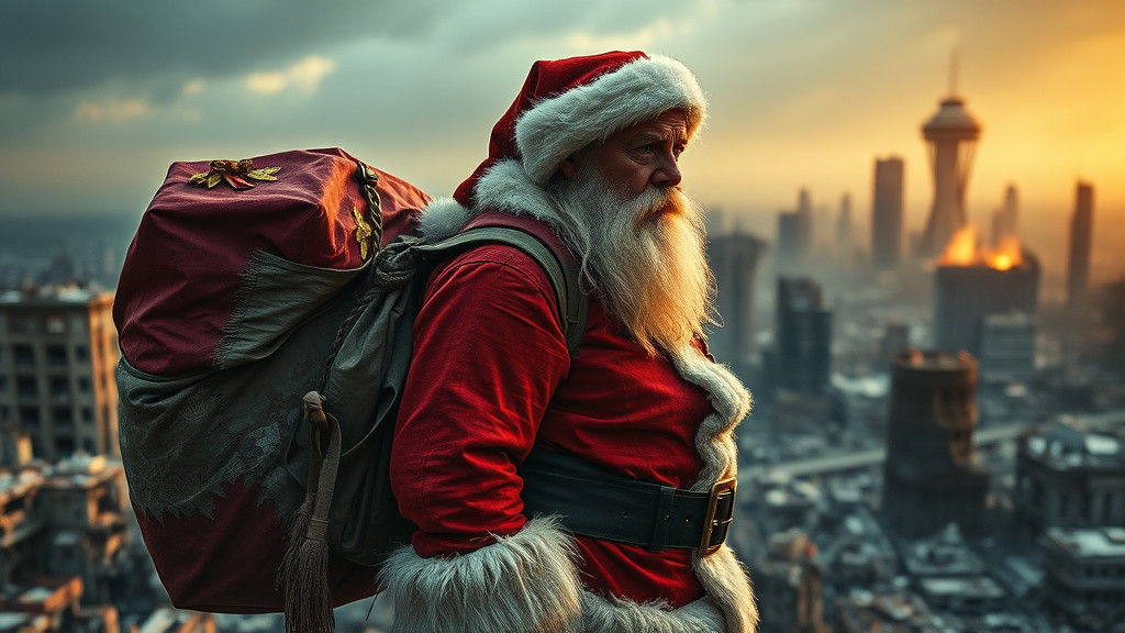 Weary Santa Stands at Edge of War-Torn City
