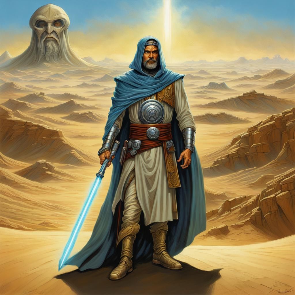 Jedi King in Neo-Futuristic Armor on Barren Desert