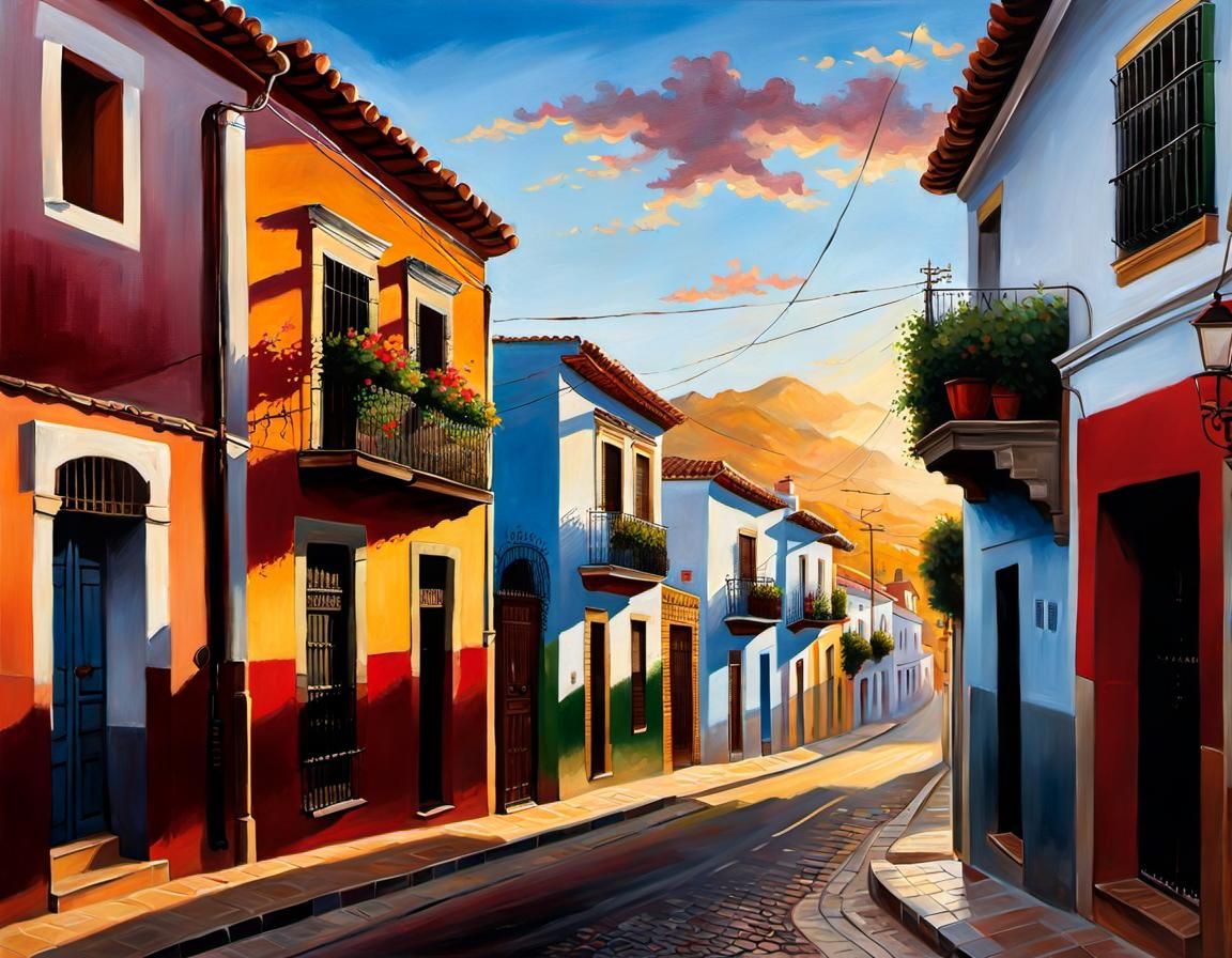 Andalusian Street with Communist Graffiti: An Oil Painting