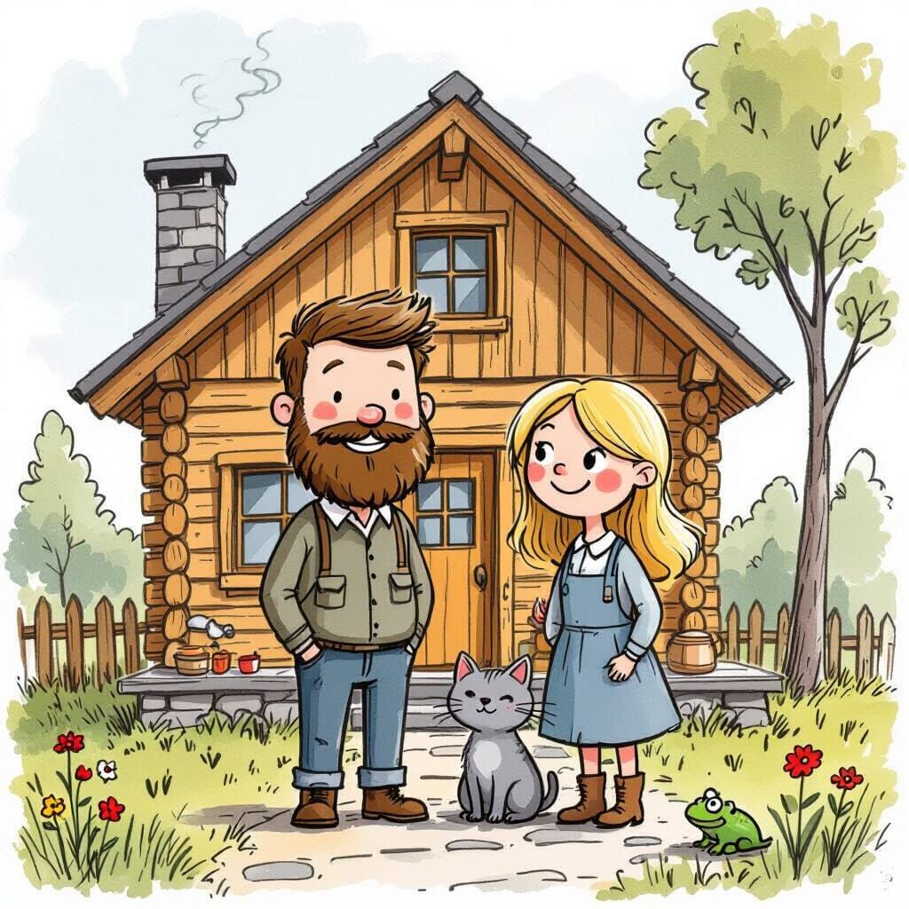 Stylized Log Cabin Illustration with Figures