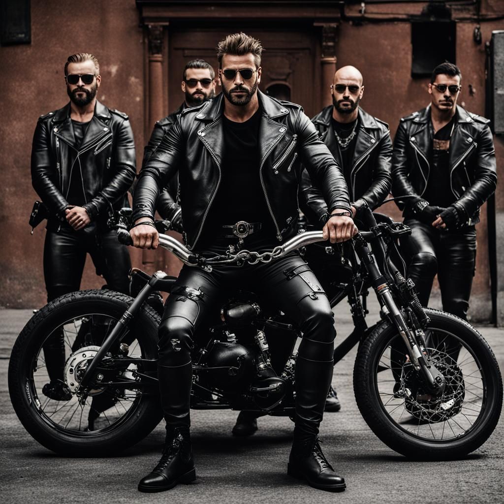 Leather Clad Men on Motorcycle with Handcuffs