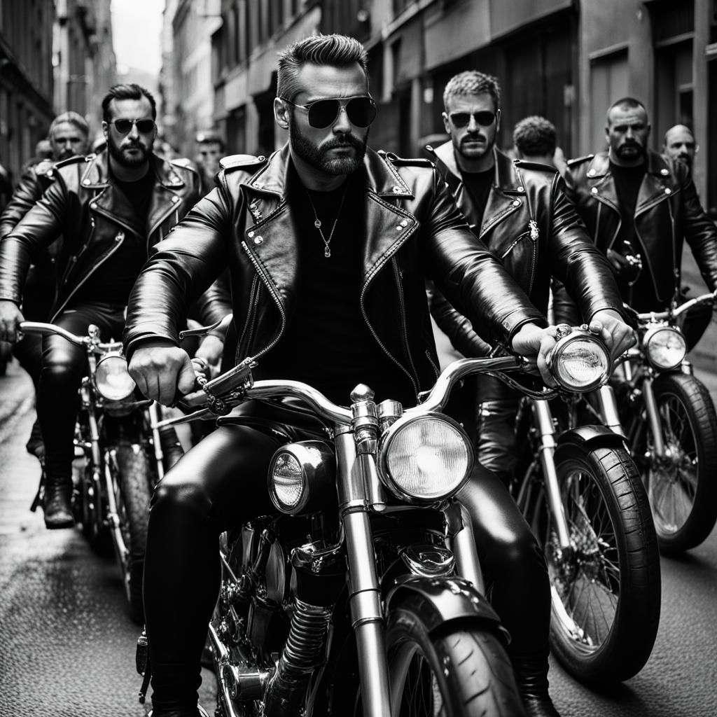Leather Clad Men on Motorcycle with Handcuffs