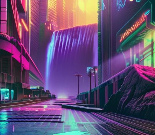 Cyberpunk Waterfall in Neon Mist, Digital Art