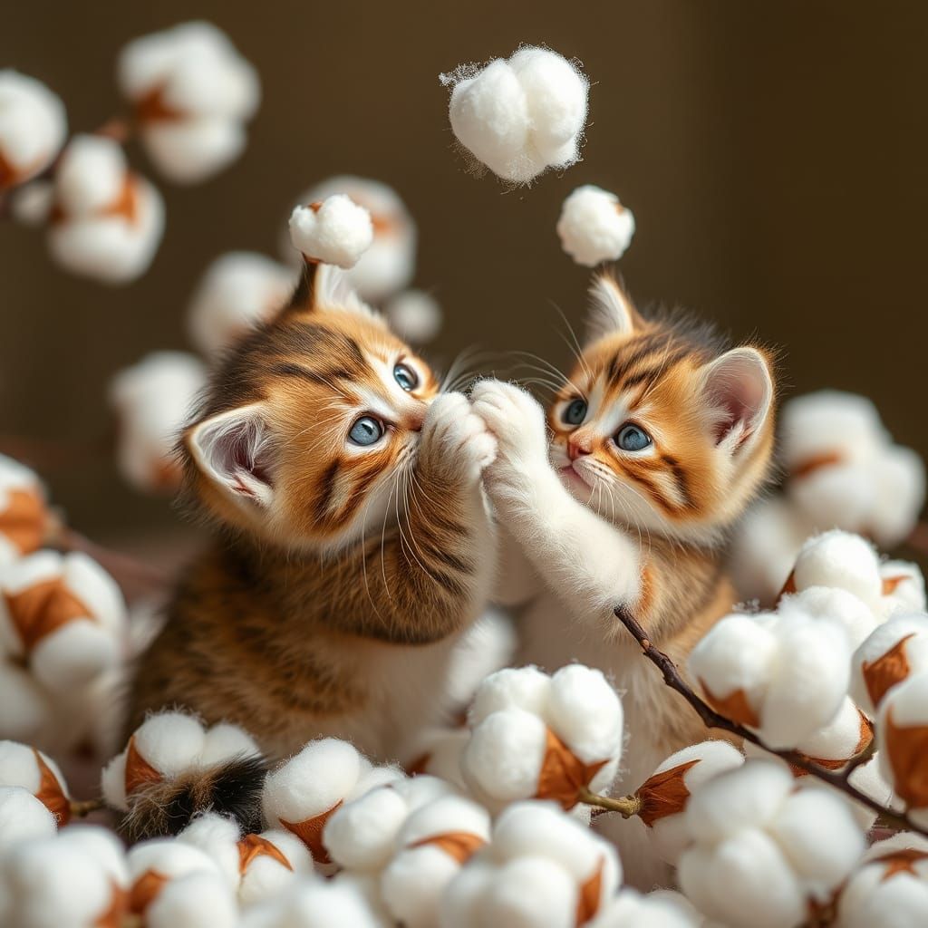 Kittens Playfully Explore a Cotton Ball World