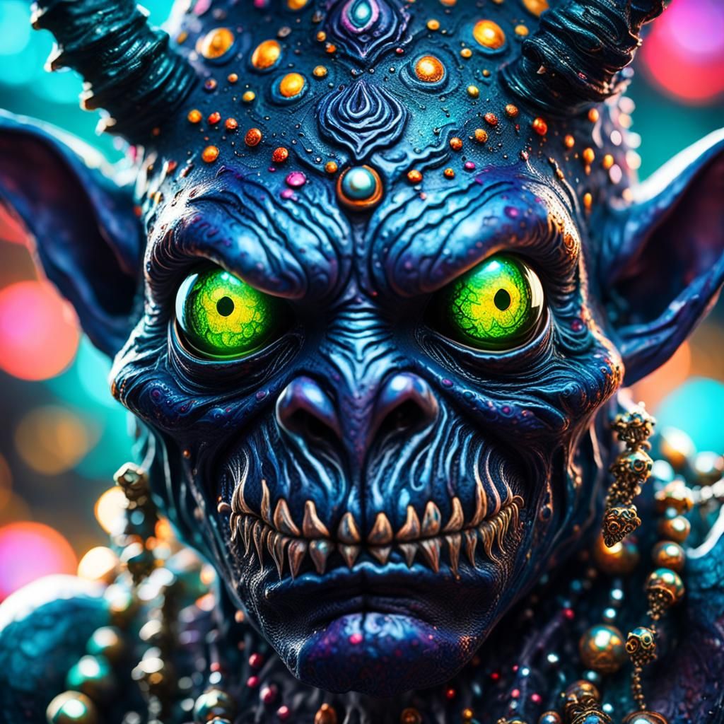 Psychedelic Imp with Piercings: Hyperrealistic Close-Up