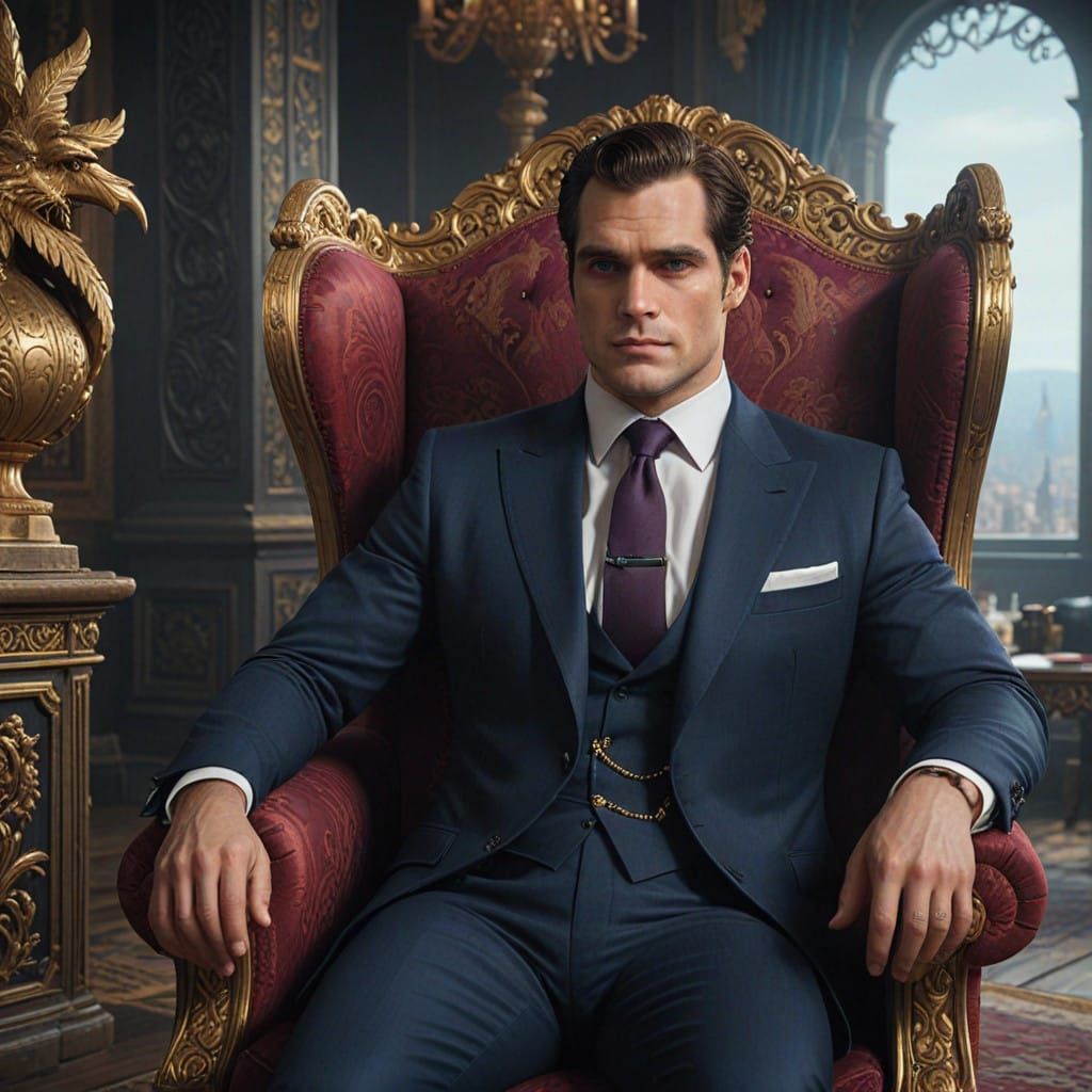 Regal Figure in Navy Blue Suit Adorns Luxurious Throne