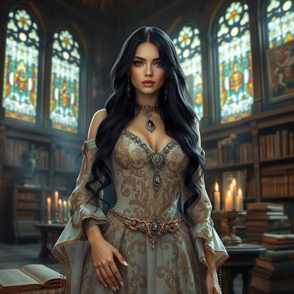Elegant Woman in Grand Library, Renaissance Style