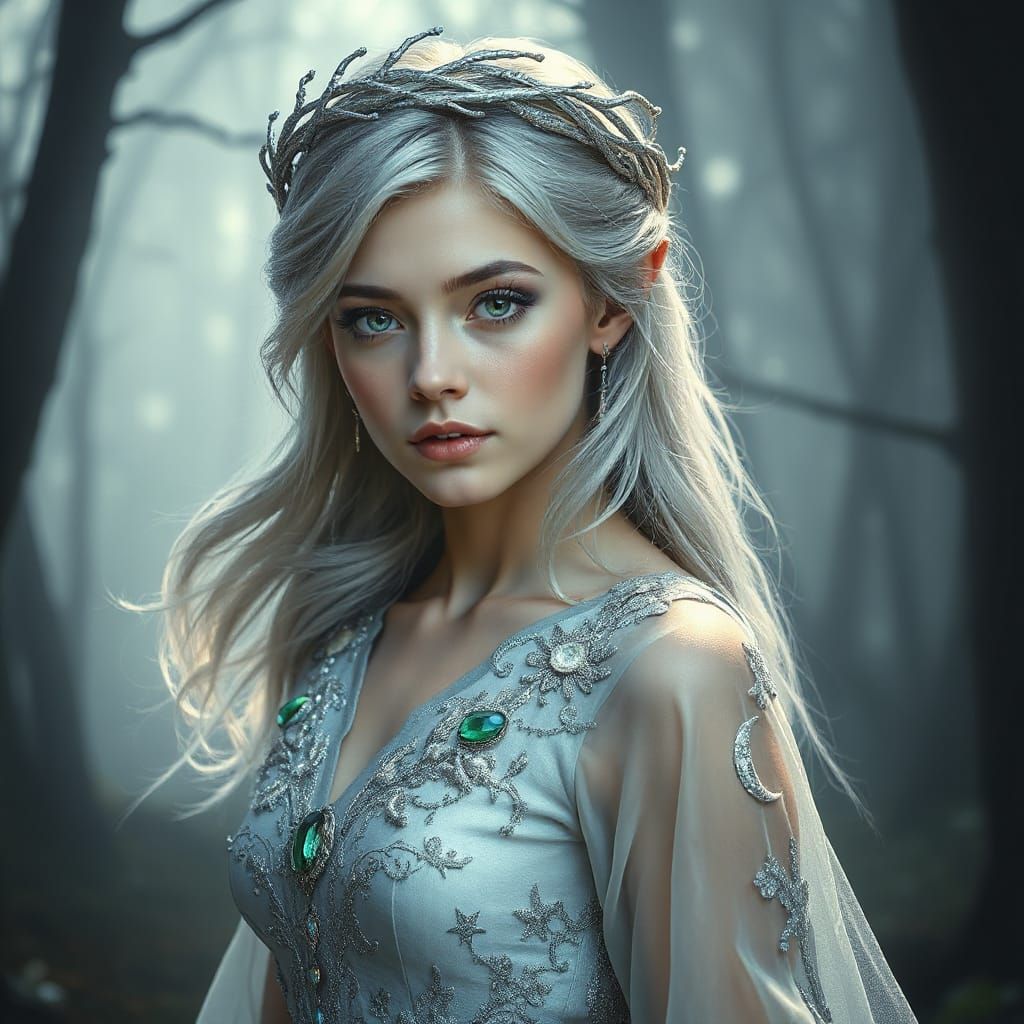 Enchanted Silver-Haired Elf in Misty Forest