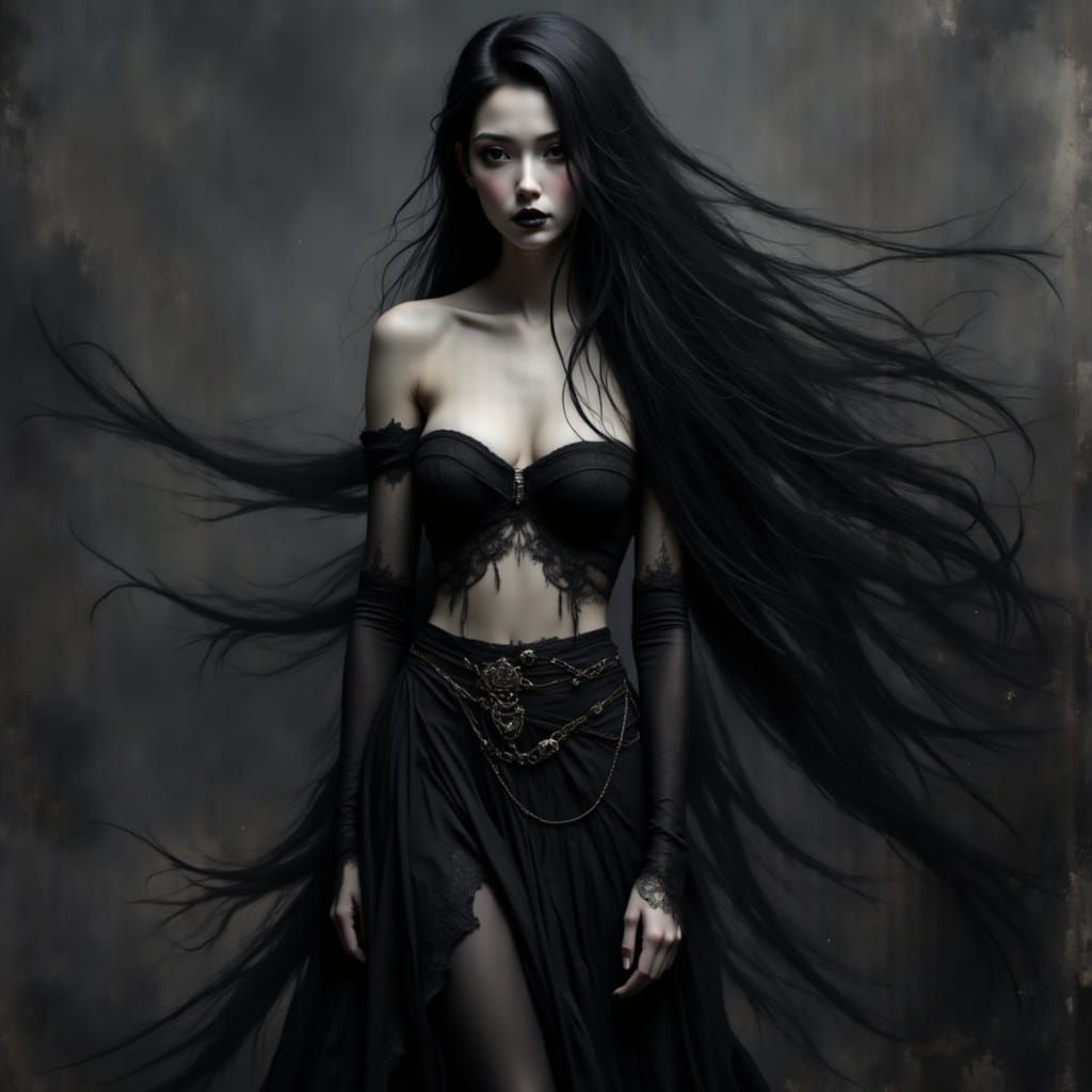 Japanese Woman in Gothic Attire with Dynamic Lighting