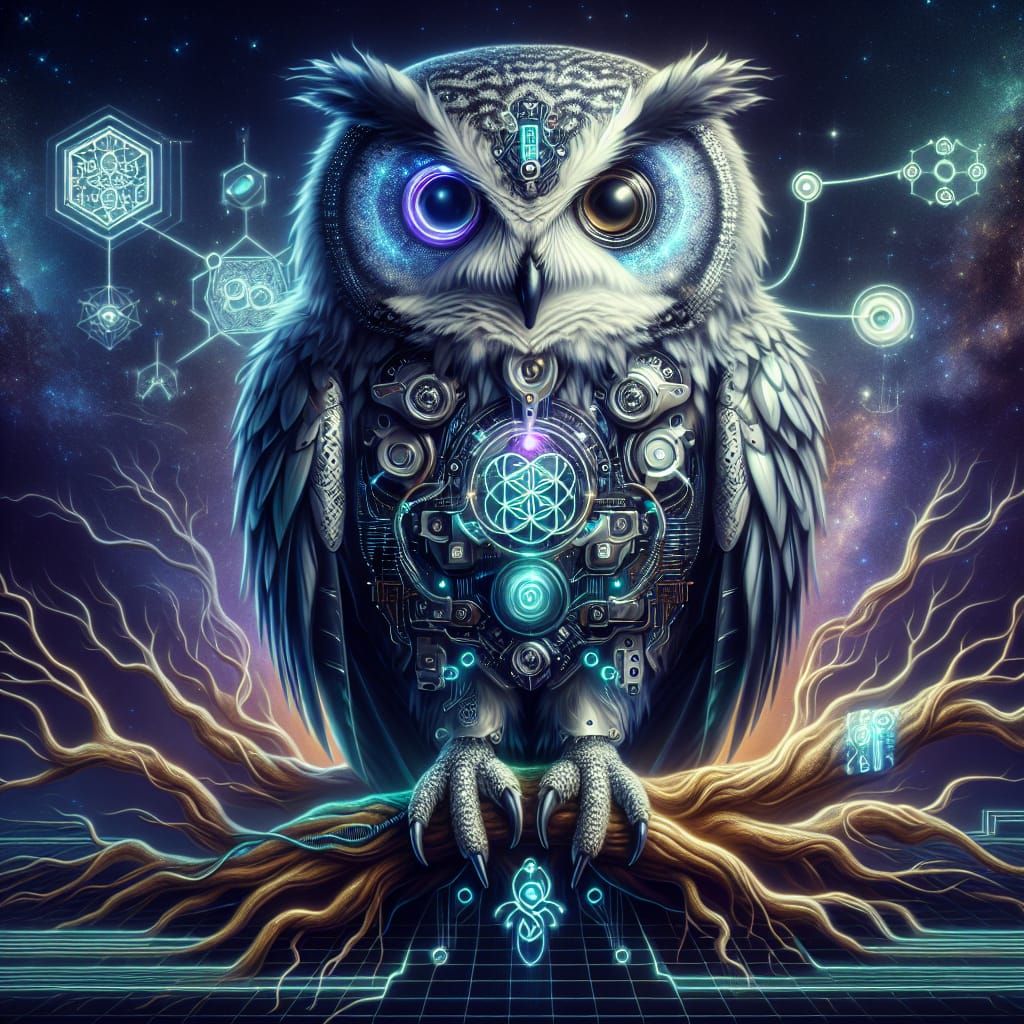 Cyberpunk Technomystic Owl on Tree of Life