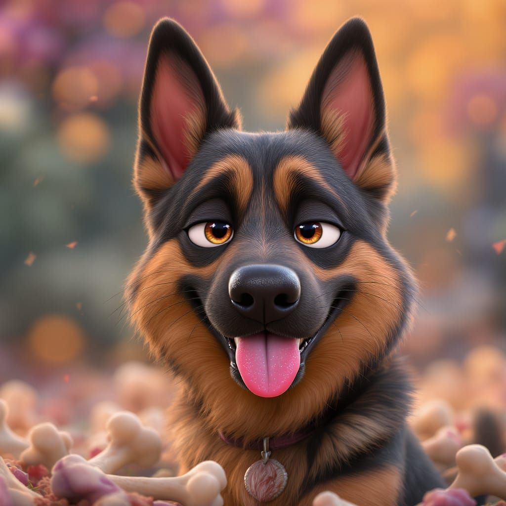 An adorable, cartoonish Black Sable German Shepherd licks it...