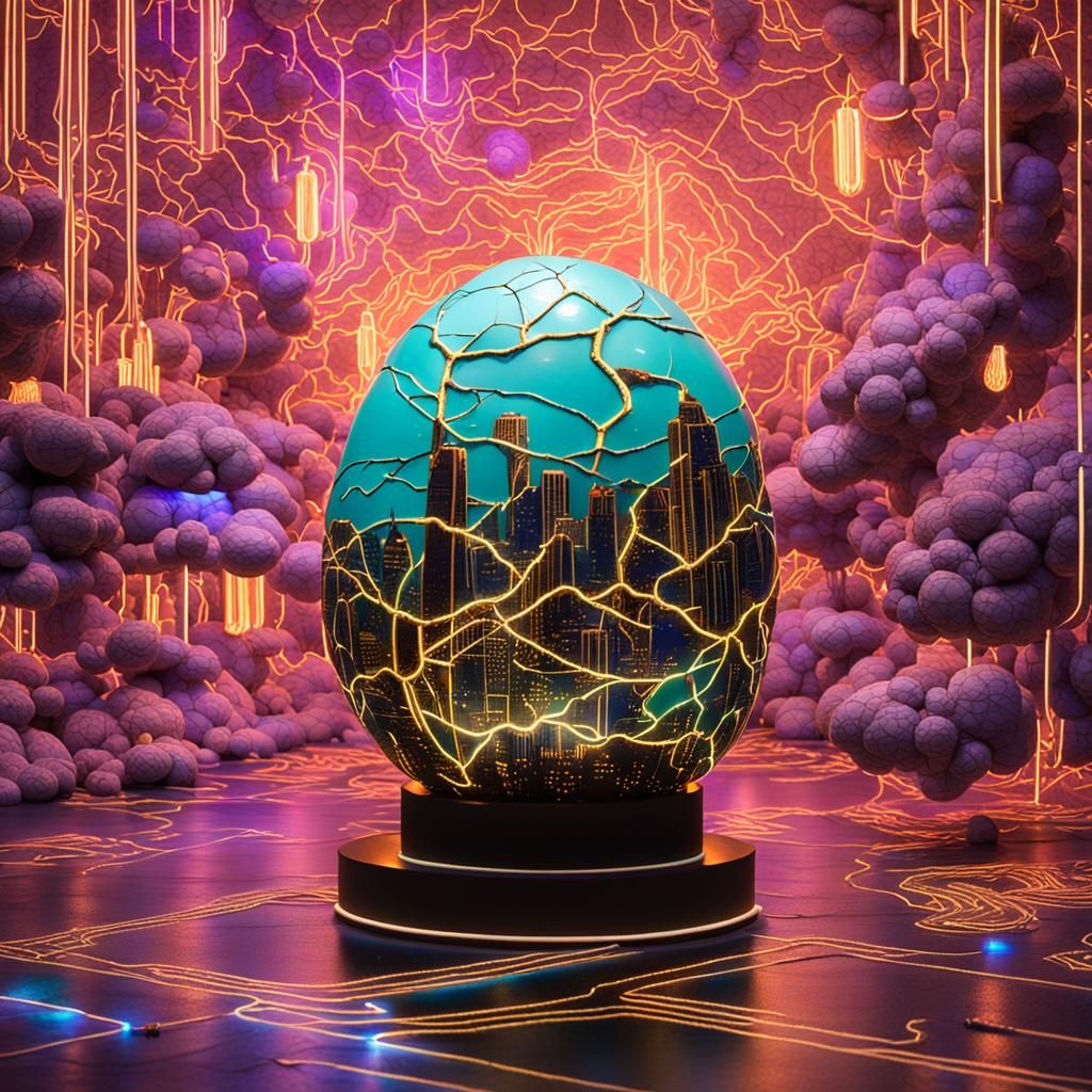 Kintsugi Egg: Miniature Fantasy World in Neon Circuitry