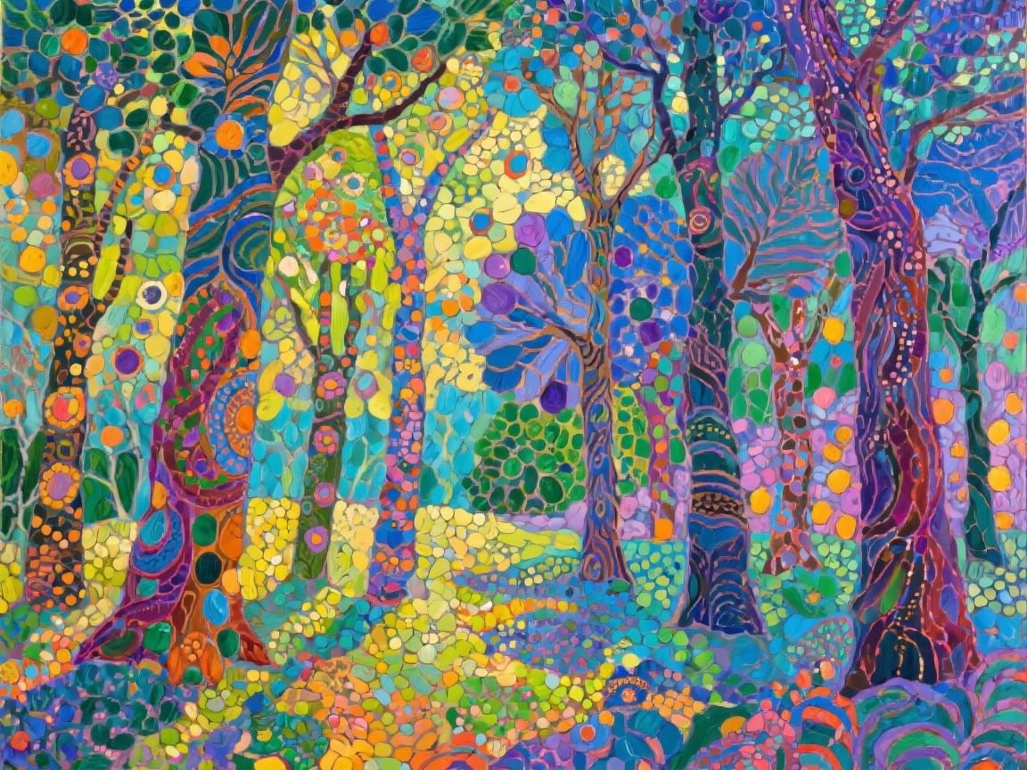 Vibrant Pop Surrealist Forest Landscape in Impasto Style