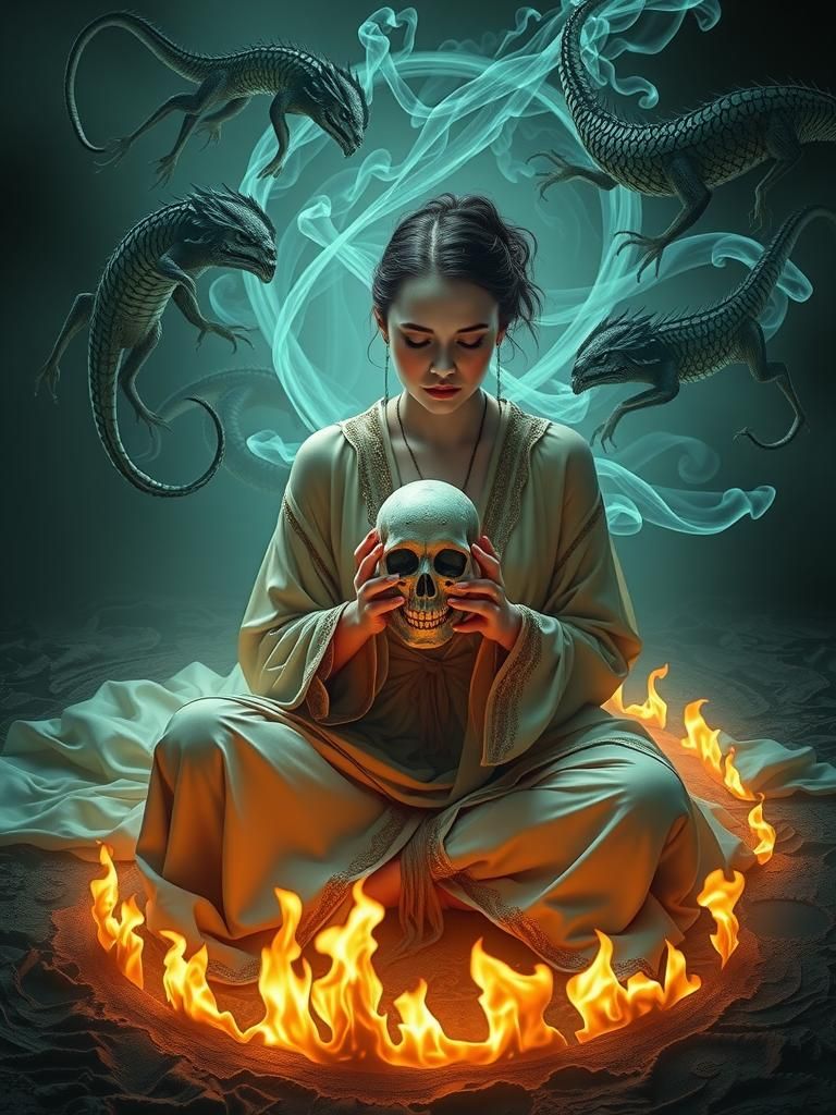 Ethereal Woman with Glowing Skull in Fire Circle
