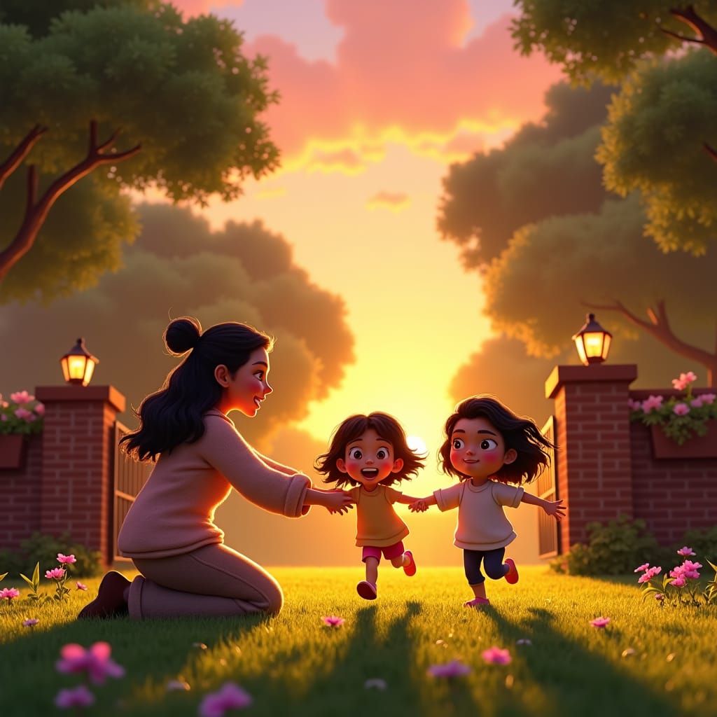 Family Reunion at Sunset in Pixar Animation Style