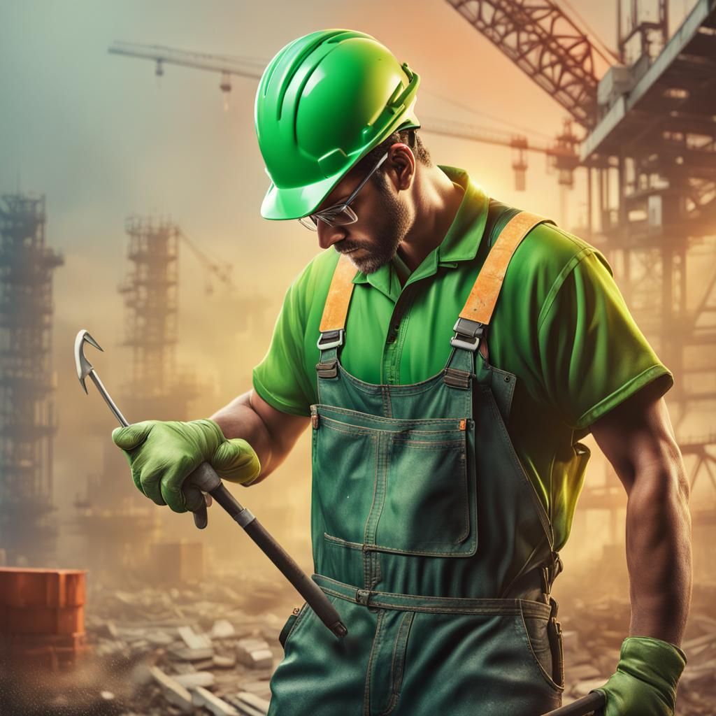 Detailed Construction Worker in Overalls and Helmet