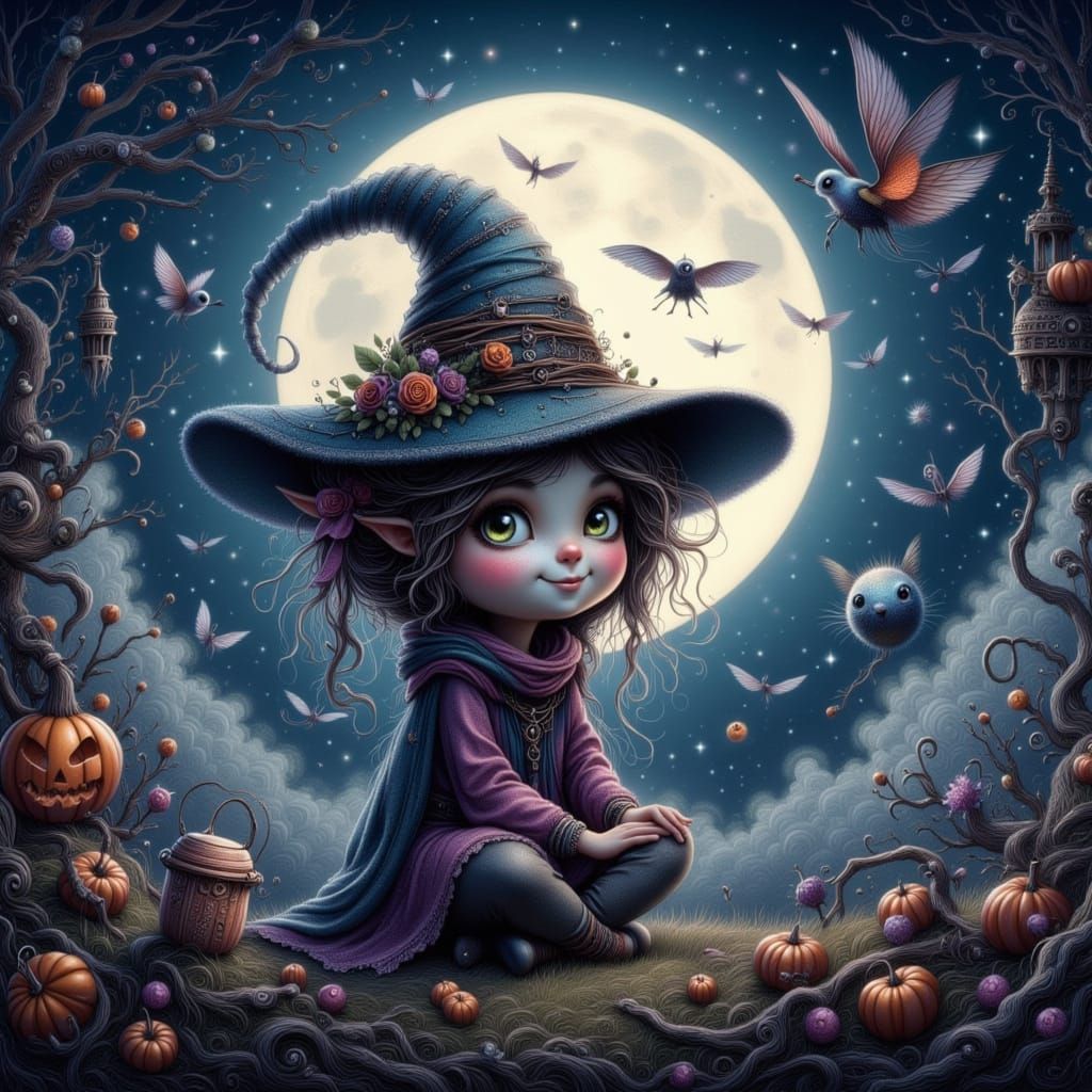 Eerie Moonlit Night with Cute Big-Eyed Witch