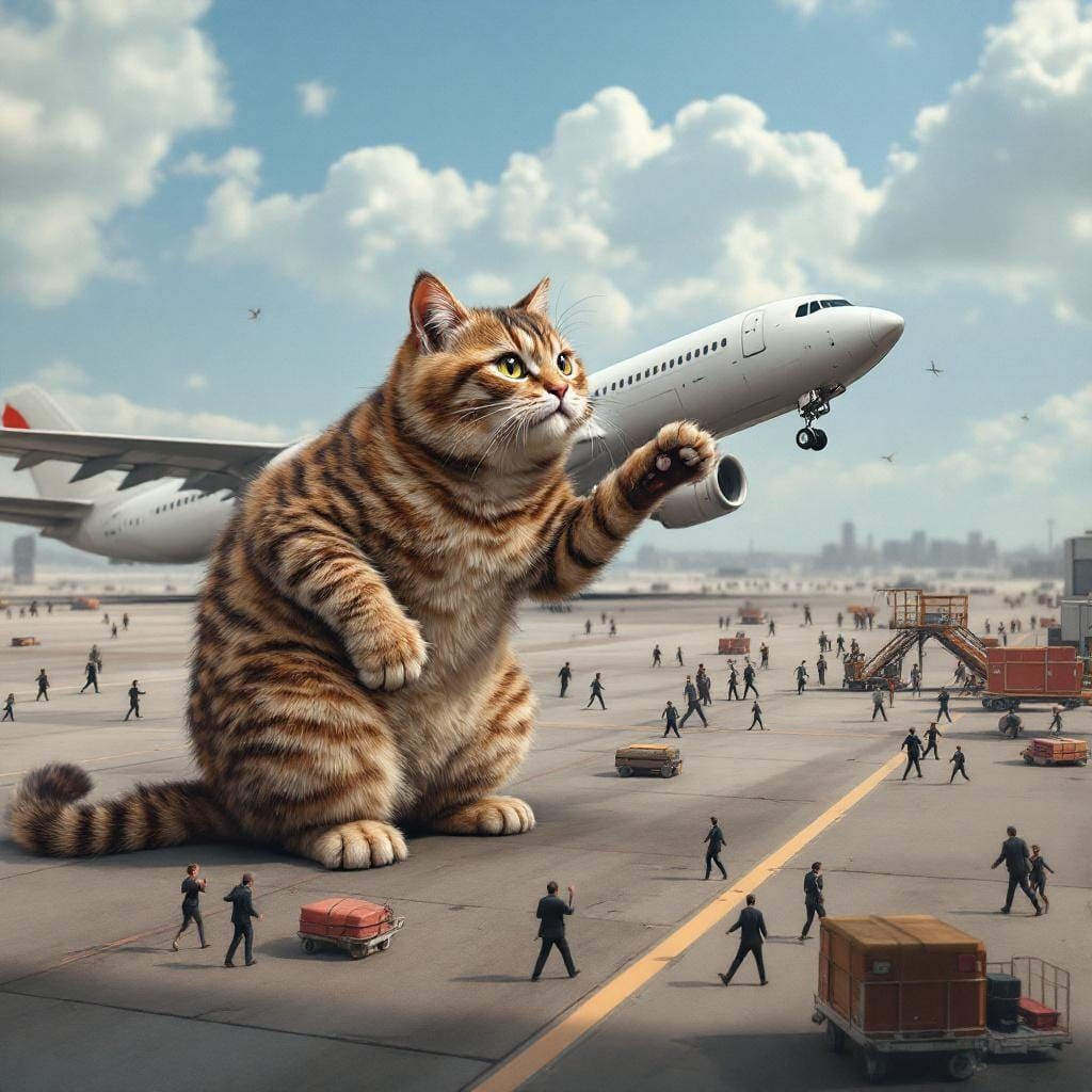 Giant Cat on Airport Runway, Hyperrealistic Scene