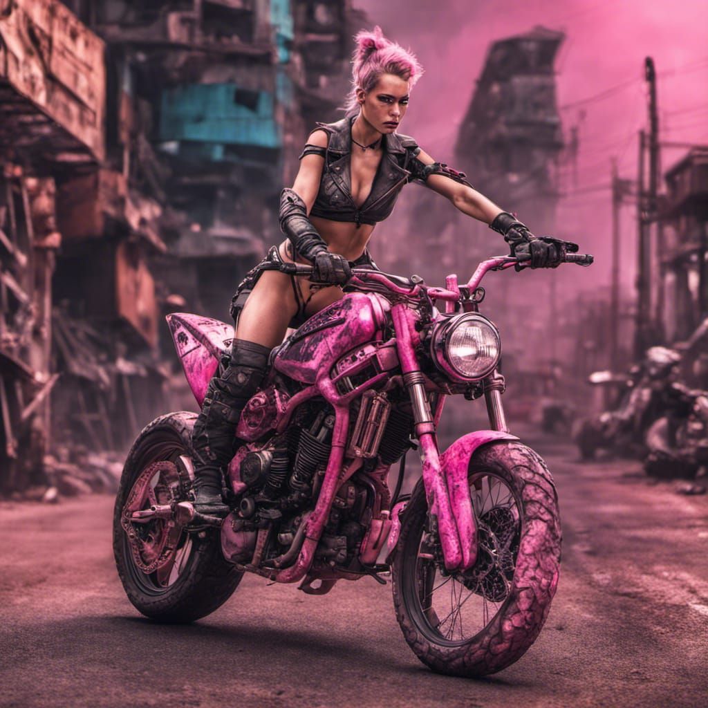 Cyberpunk Woman on Motorcycle in Pink Style