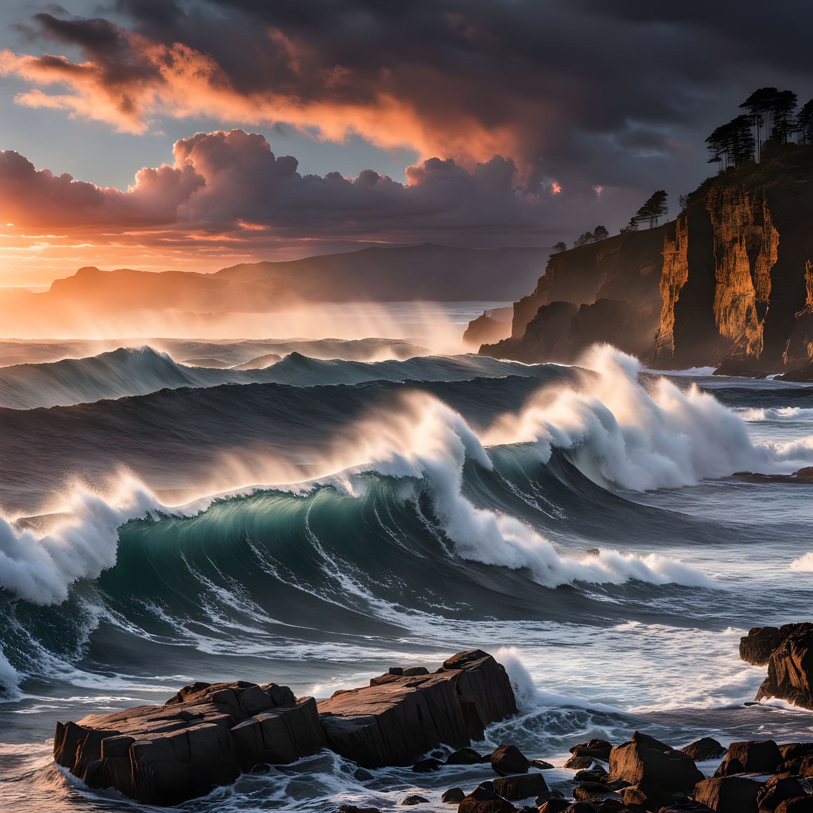 Massive Cliff Overlooking Sea at Fiery Sunset