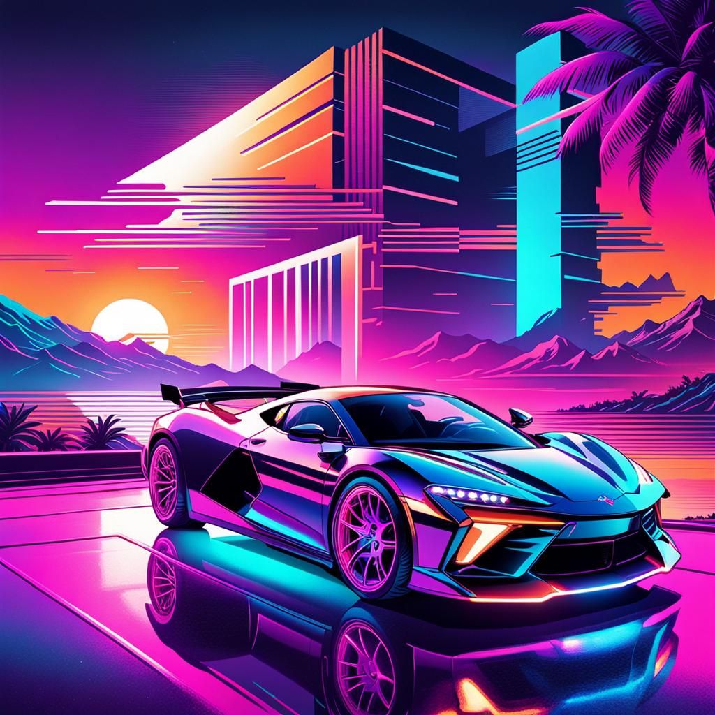Iridescent Sports Car in Vaporwave Synthwave Style