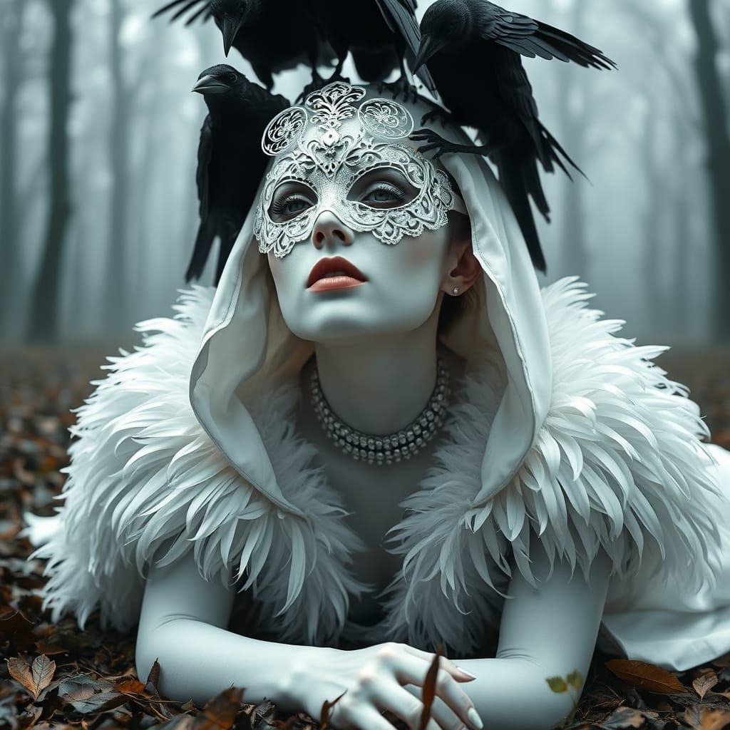 Goth Woman with Crows in Misty Forest