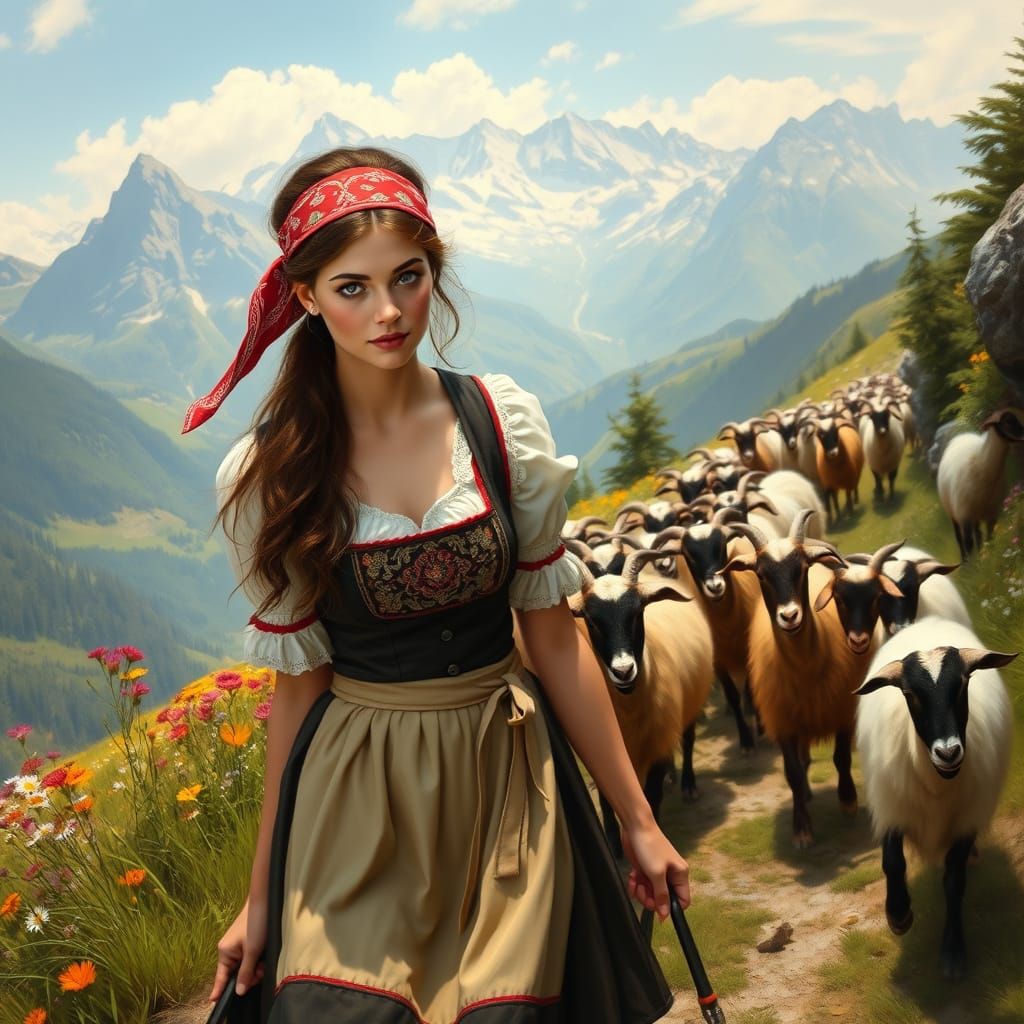 Swiss Woman Herding Goats in Alpine Landscape
