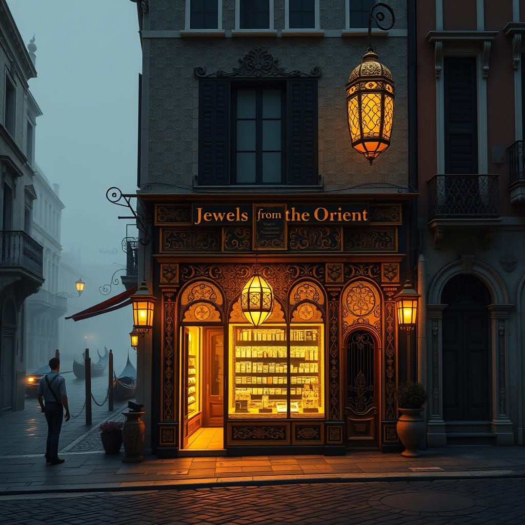 Majestic Jewelers in Golden-Lit Venetian Night