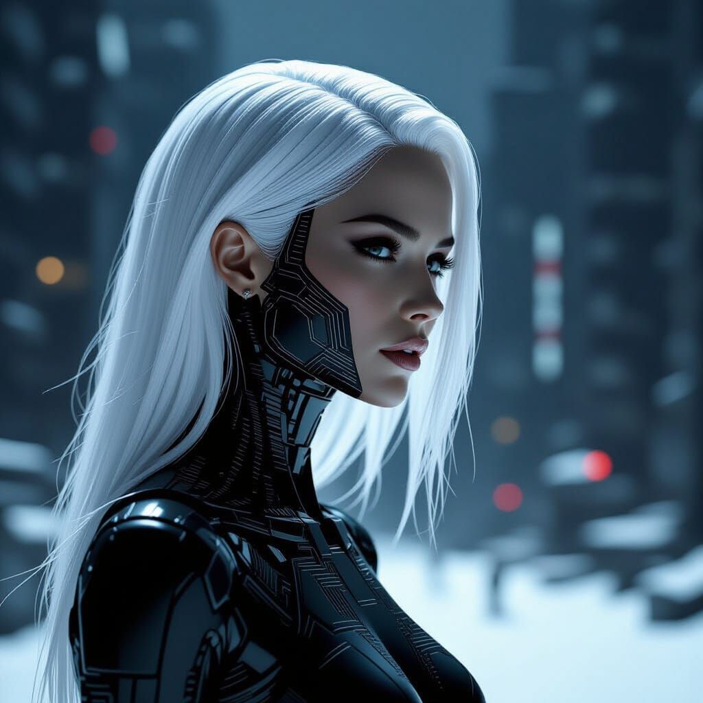 front view of A solitary female replicant, its form composed...